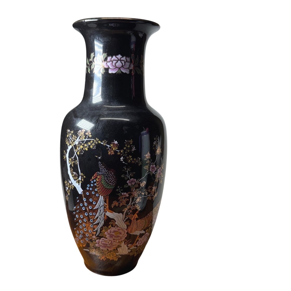 Vintage Japanese Black Porcelain Peacock Vase Ginger Jar Tea Cup Set 7pc Japan - Picture 10 of 15